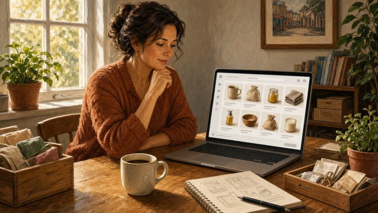 Merchant at a desk reviewing an AI sales channel dashboard on a laptop