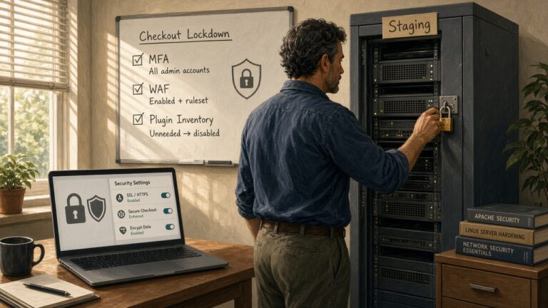 Site admin padlocking a Staging server rack beside a Checkout Lockdown whiteboard listing MFA and WAF