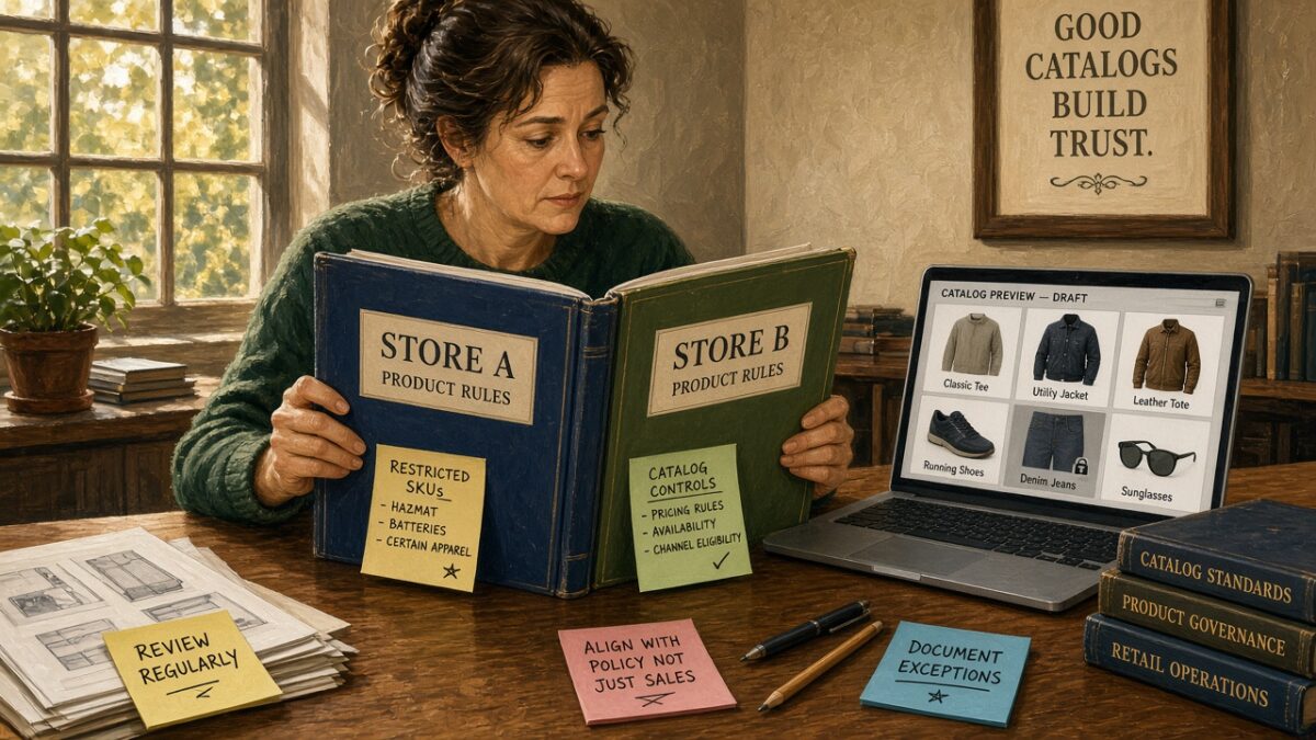 Catalog manager comparing Store A and Store B product-rule binders with restricted SKU notes
