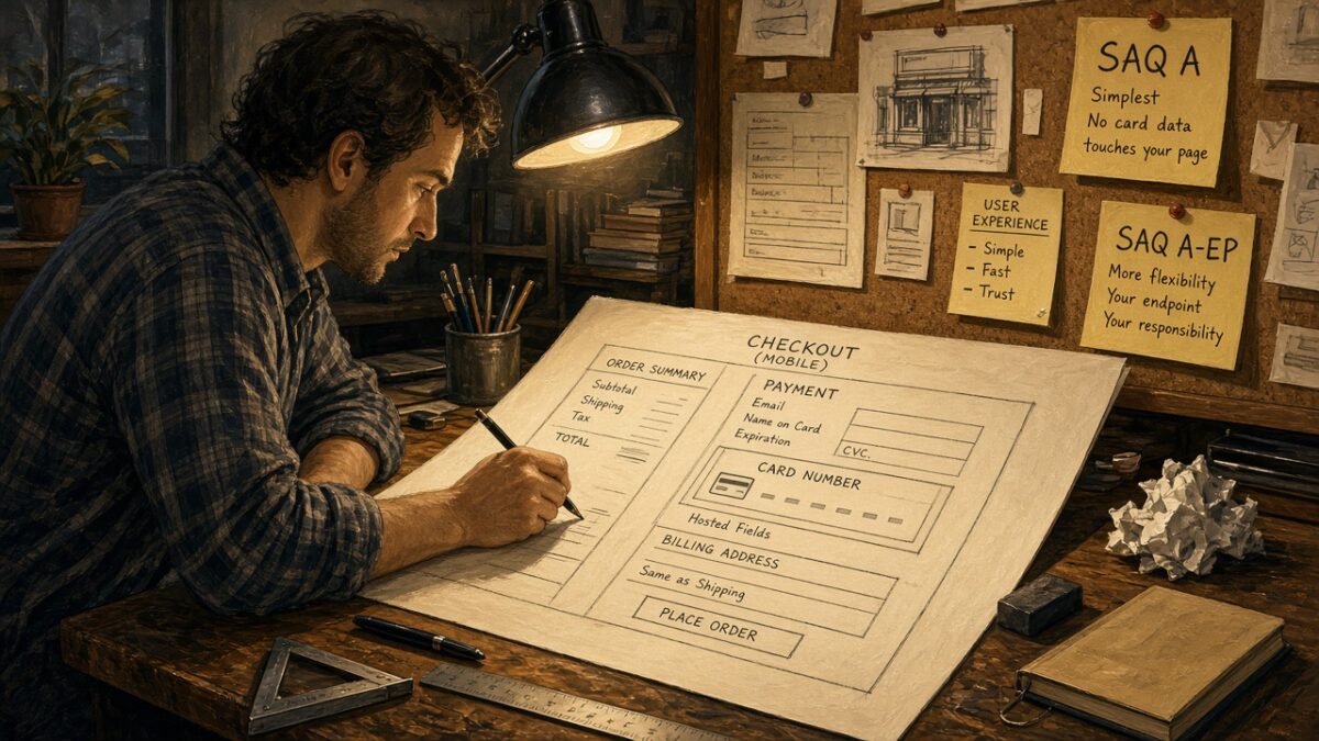 Developer drafting a mobile checkout wireframe with a Hosted Fields card panel and SAQ A vs SAQ A-EP sticky notes