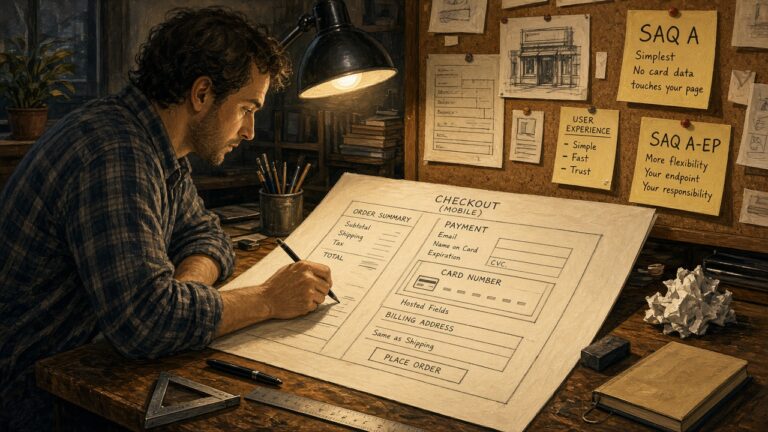 Developer drafting a mobile checkout wireframe with a Hosted Fields card panel and SAQ A vs SAQ A-EP sticky notes