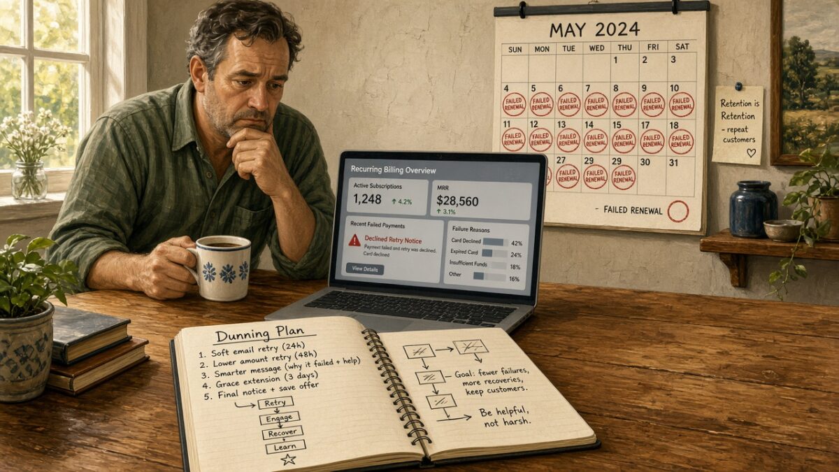 Subscription merchant reviewing a failed-renewal calendar and a handwritten dunning plan beside a recurring billing dashboard