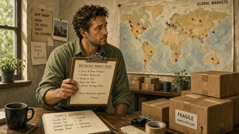 Merchant holding restricted-product notes beside a Global Markets wall map and outbound packages