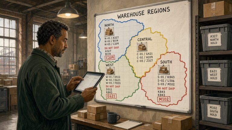 Warehouse operations lead comparing a tablet inventory screen to a warehouse regions whiteboard with do-not-ship SKUs