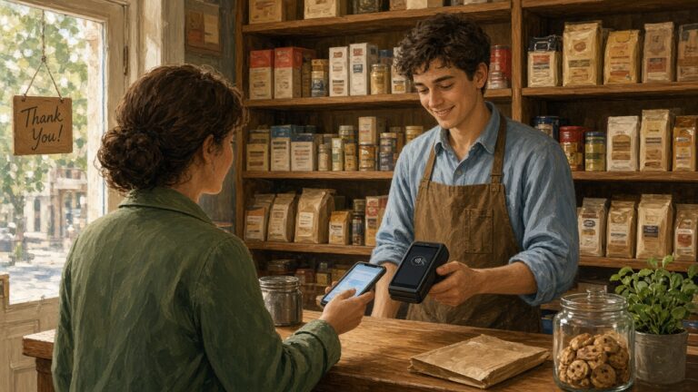 Shop clerk accepting a contactless phone payment on a handheld mPOS terminal at a retail counter