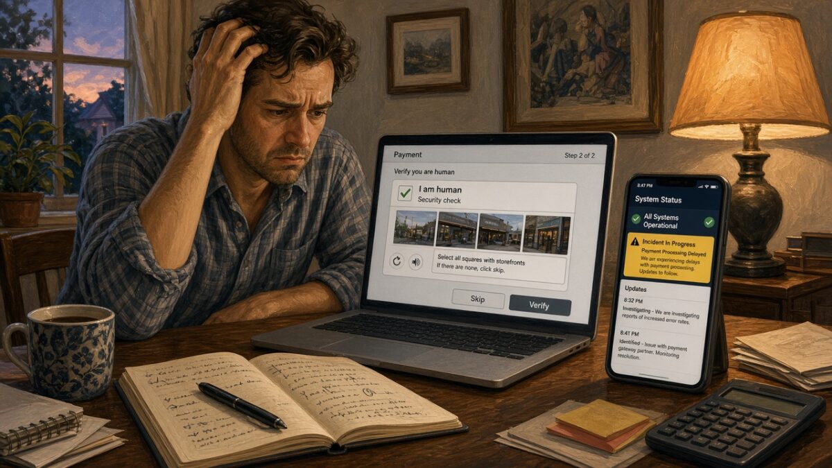 Frustrated merchant facing a CAPTCHA on a hosted payment form while a phone shows a payment-processing incident banner