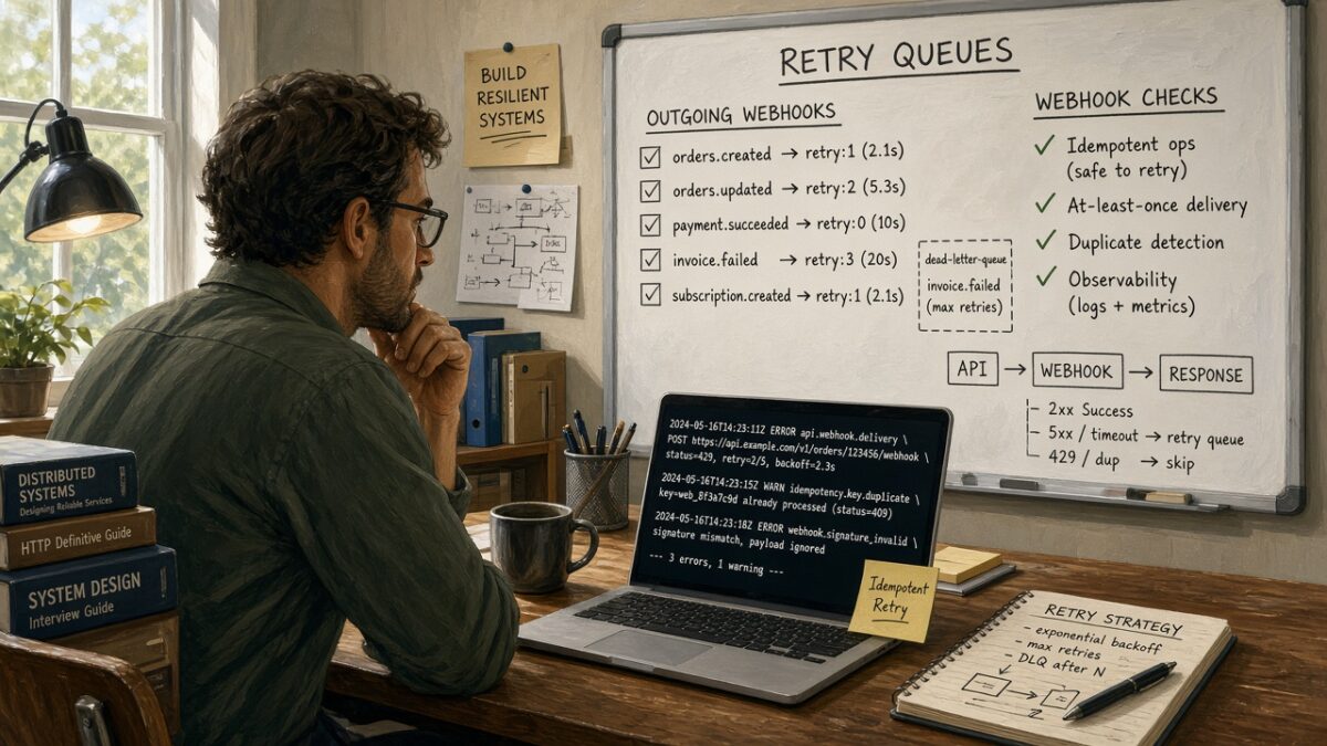 Developer studying a retry-queues whiteboard and API error log with an Idempotent Retry sticky note