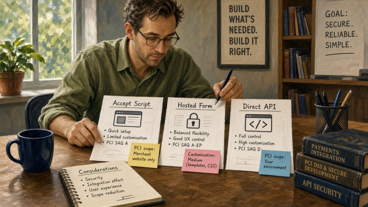 Payments engineer comparing Accept Script, Hosted Form, and Direct API option cards with PCI sticky notes