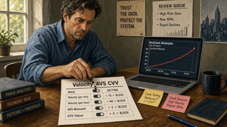 Fraud analyst adjusting Velocity AVS CVV rule toggles beside a rising declined-attempts chart