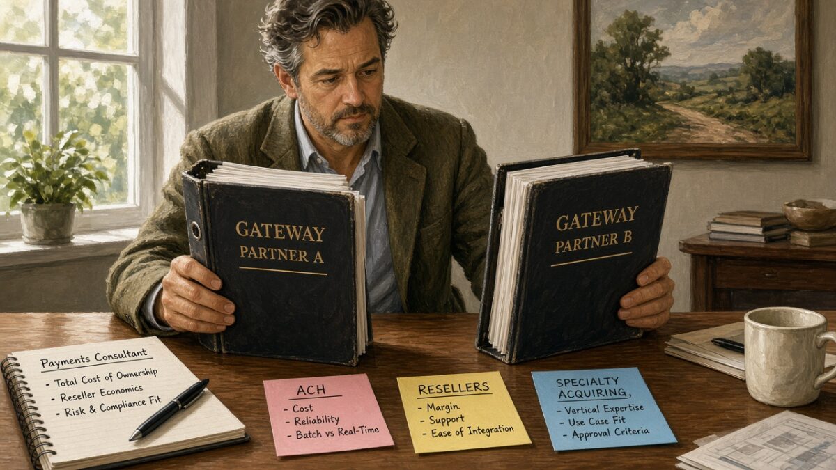 Payments consultant comparing Gateway Partner A and Gateway Partner B binders with ACH and reseller sticky notes