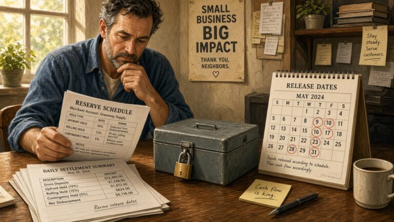 Merchant reviewing a reserve schedule beside a locked cash box and a release-dates calendar