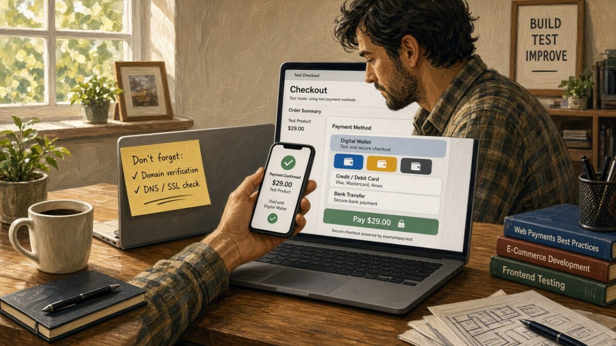Developer testing a digital-wallet checkout on a laptop with a phone payment confirmation and domain-verification sticky note