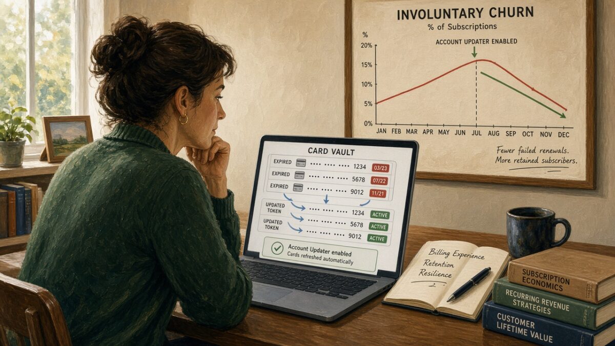 Billing manager reviewing a card vault where expired cards become updated tokens beside an involuntary churn chart