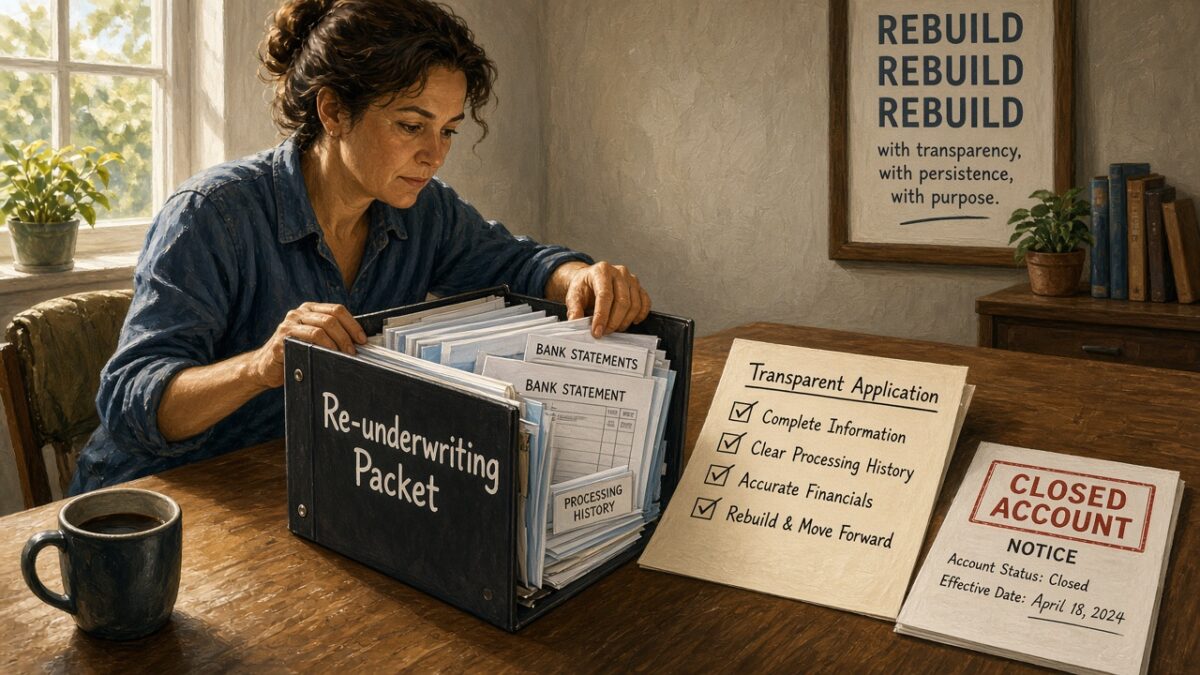 Business owner assembling a re-underwriting packet beside a closed-account notice and transparent application checklist