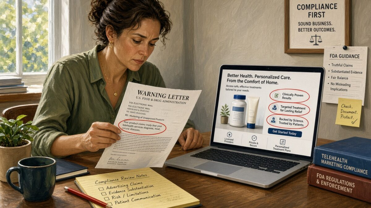 Compliance lead comparing an FDA warning letter to a telehealth marketing page with circled claim language