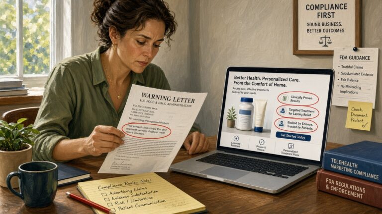 Compliance lead comparing an FDA warning letter to a telehealth marketing page with circled claim language