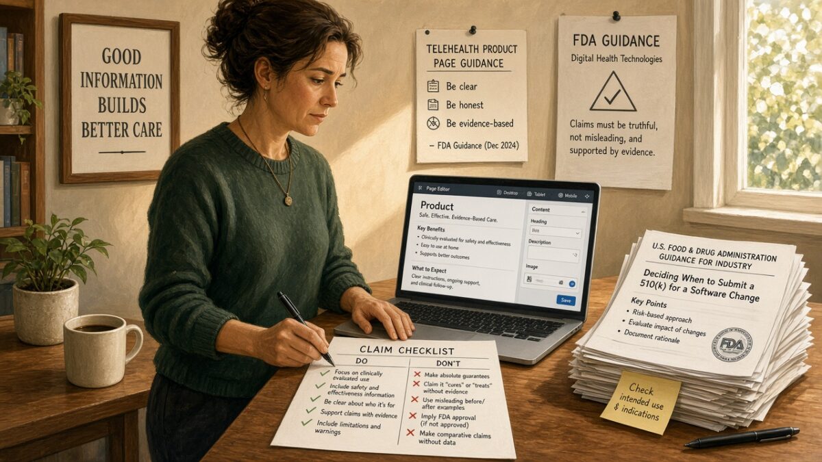 Website editor marking a do-and-dont claim checklist while drafting telehealth product page copy
