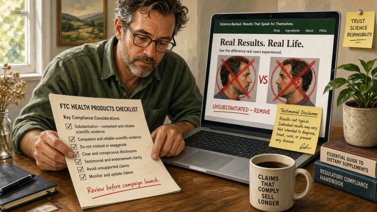 Supplement marketer reviewing an FTC health products checklist while crossing out before-after landing page creative