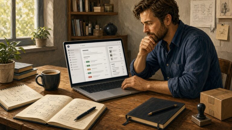 Merchant at a desk comparing retail and wholesale ecommerce screens on dual monitors