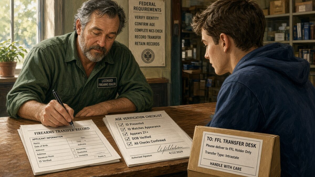 Licensed firearms dealer reviewing transfer paperwork and an age-verification checklist with a customer at the counter