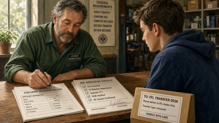 Licensed firearms dealer reviewing transfer paperwork and an age-verification checklist with a customer at the counter