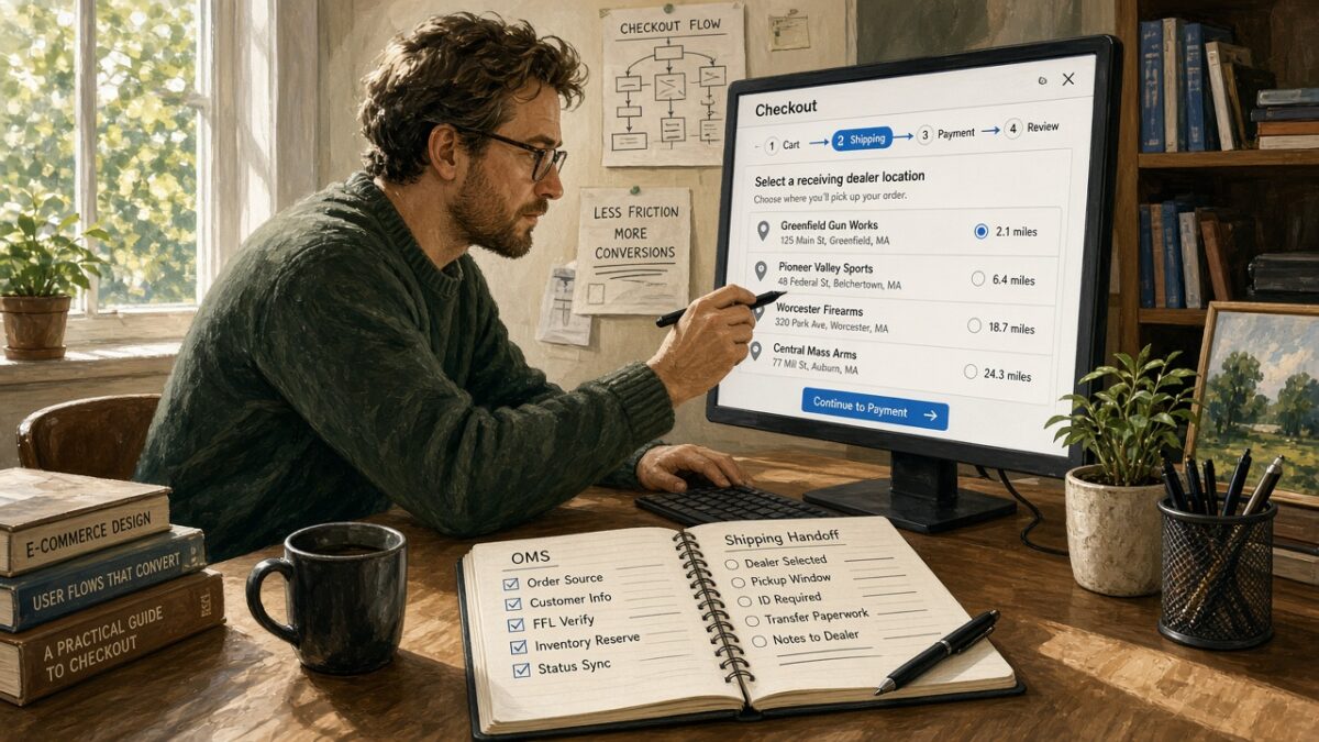 Developer designing a checkout step to select a receiving dealer location beside an OMS shipping handoff notebook
