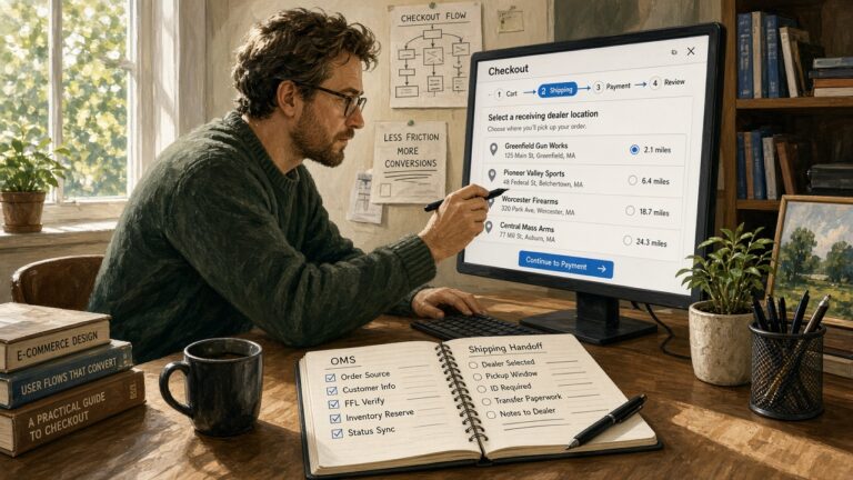 Developer designing a checkout step to select a receiving dealer location beside an OMS shipping handoff notebook