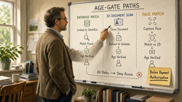 Architect comparing Database Match, ID Document Scan, and Face Match age-gate paths on a whiteboard before payment authorization