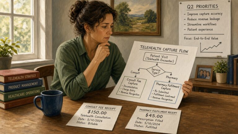 Product manager reviewing a telehealth capture flow that splits consult fee capture from pharmacy fulfillment capture