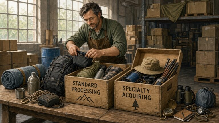 Merchant sorting outdoor gear into Standard Processing and Specialty Acquiring crates on a warehouse table