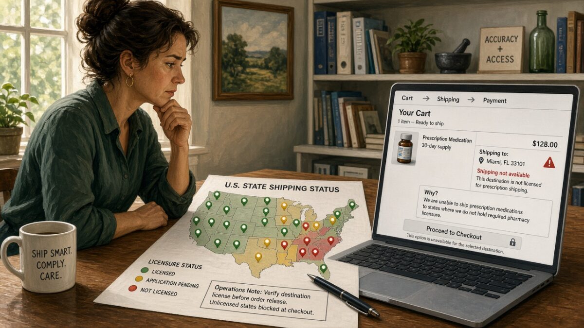 Pharmacy ecommerce lead reviewing a US state shipping status map while a cart blocks an unlicensed destination
