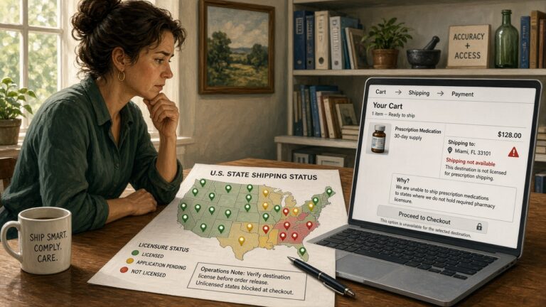 Pharmacy ecommerce lead reviewing a US state shipping status map while a cart blocks an unlicensed destination
