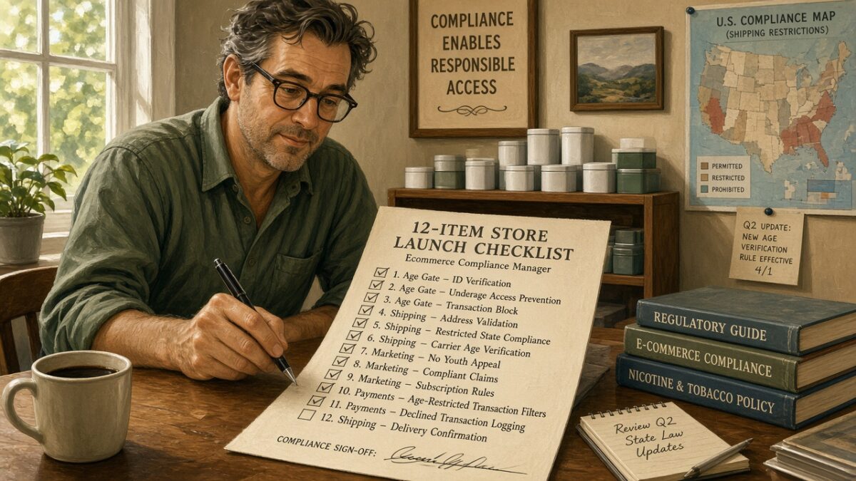 Compliance manager checking a twelve-item nicotine ecommerce store launch checklist covering age gates, shipping, marketing, and payments