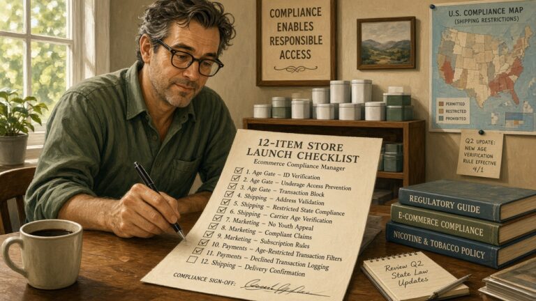 Compliance manager checking a twelve-item nicotine ecommerce store launch checklist covering age gates, shipping, marketing, and payments