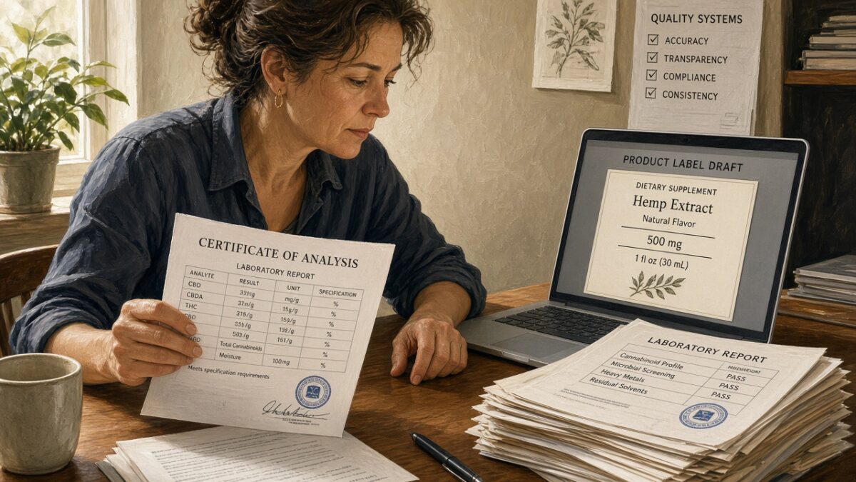 CBD ecommerce quality lead comparing a certificate of analysis to a product label draft on a laptop