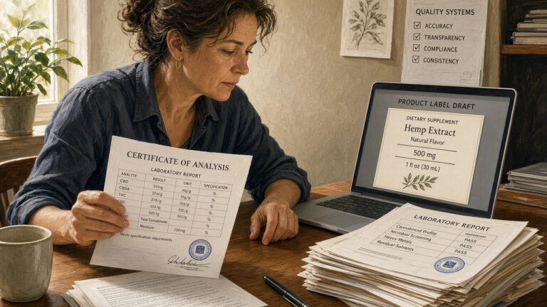 CBD ecommerce quality lead comparing a certificate of analysis to a product label draft on a laptop