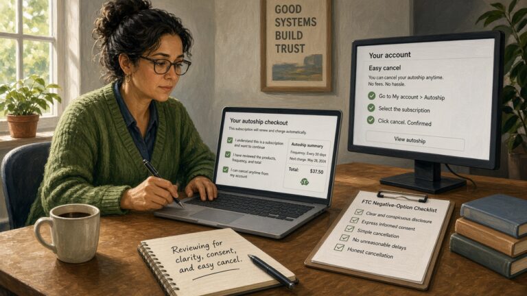 Ecommerce operator checking autoship consent disclosures and cancel flow against FTC rules