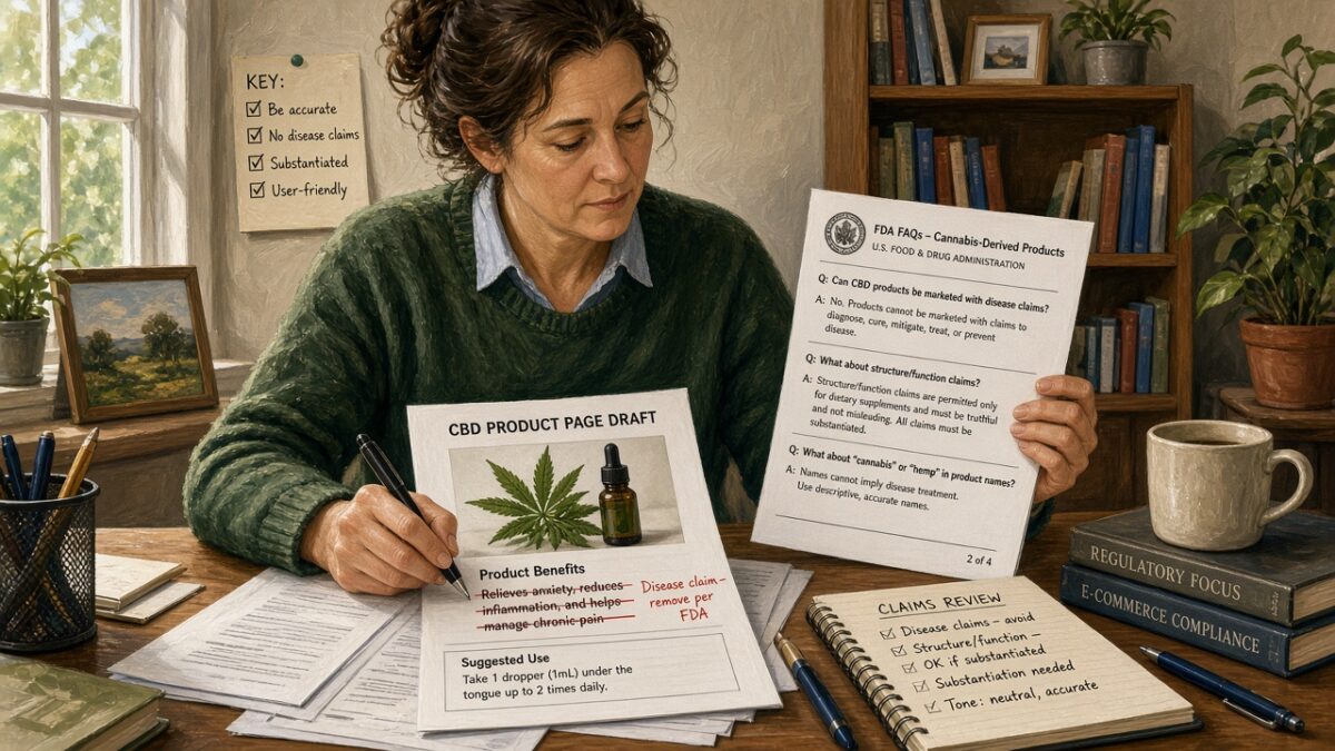 Ecommerce operator reviewing FDA CBD product claim rules on a storefront workstation