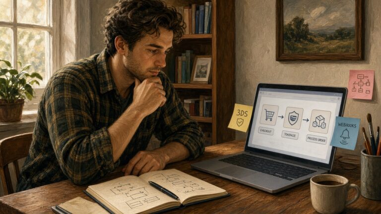 Developer reviewing a headless ecommerce checkout and payment gateway diagram on dual monitors