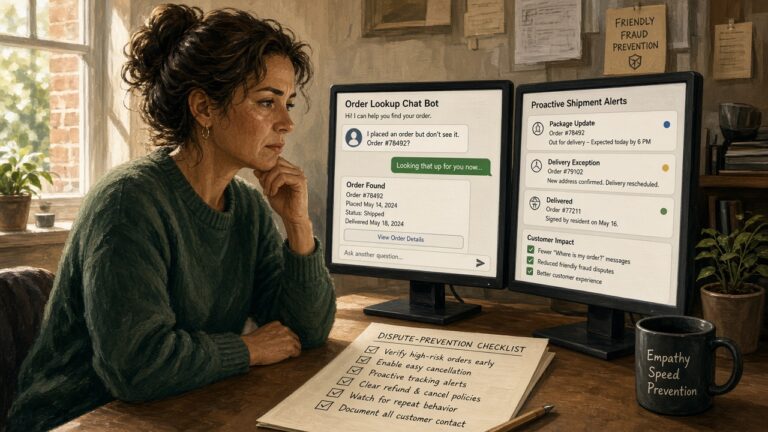 Support agent using order lookup, cancel links, and tracking to reduce friendly fraud