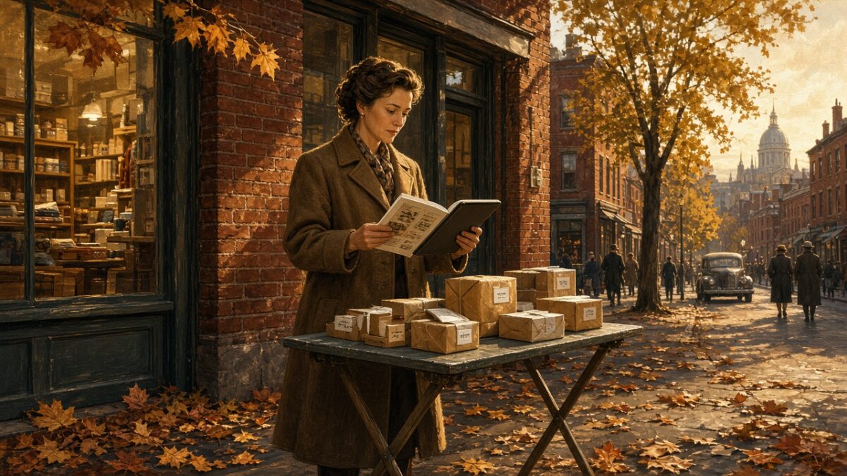 Urban autumn street scene of a merchant reviewing catalog sheets outside a brick storefront