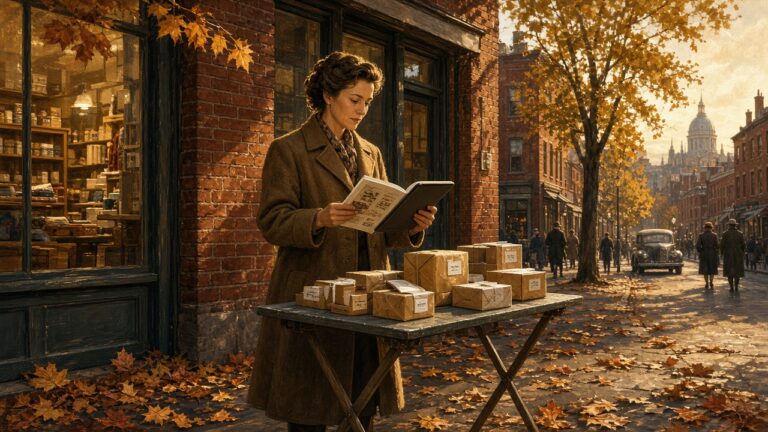 Urban autumn street scene of a merchant reviewing catalog sheets outside a brick storefront