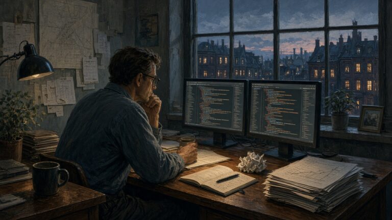 Office security analyst reviewing WordPress upload logs on dual monitors at dusk