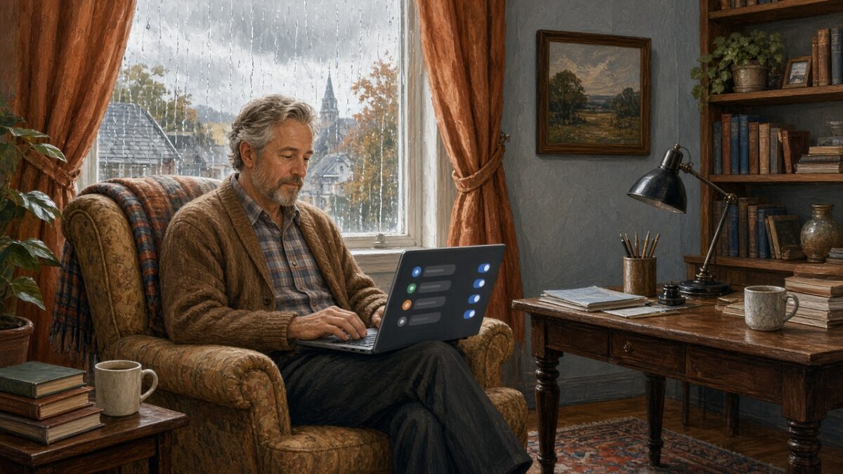 Indoor merchant at a laptop reviewing AI sales-channel toggles on a rainy autumn afternoon