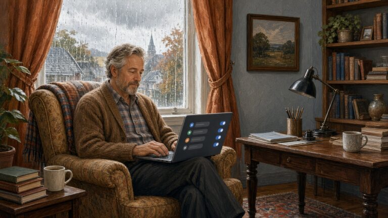 Indoor merchant at a laptop reviewing AI sales-channel toggles on a rainy autumn afternoon