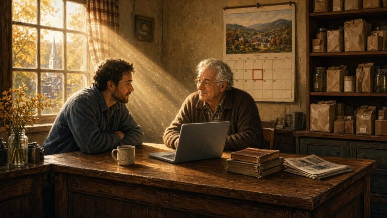 Small-business owner and developer reviewing October calendar deadlines at a shop counter