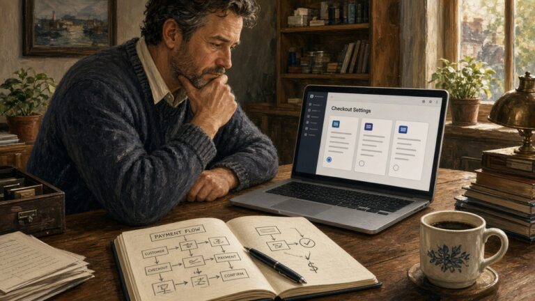 Merchant at a desk connecting a payment gateway to an online store checkout