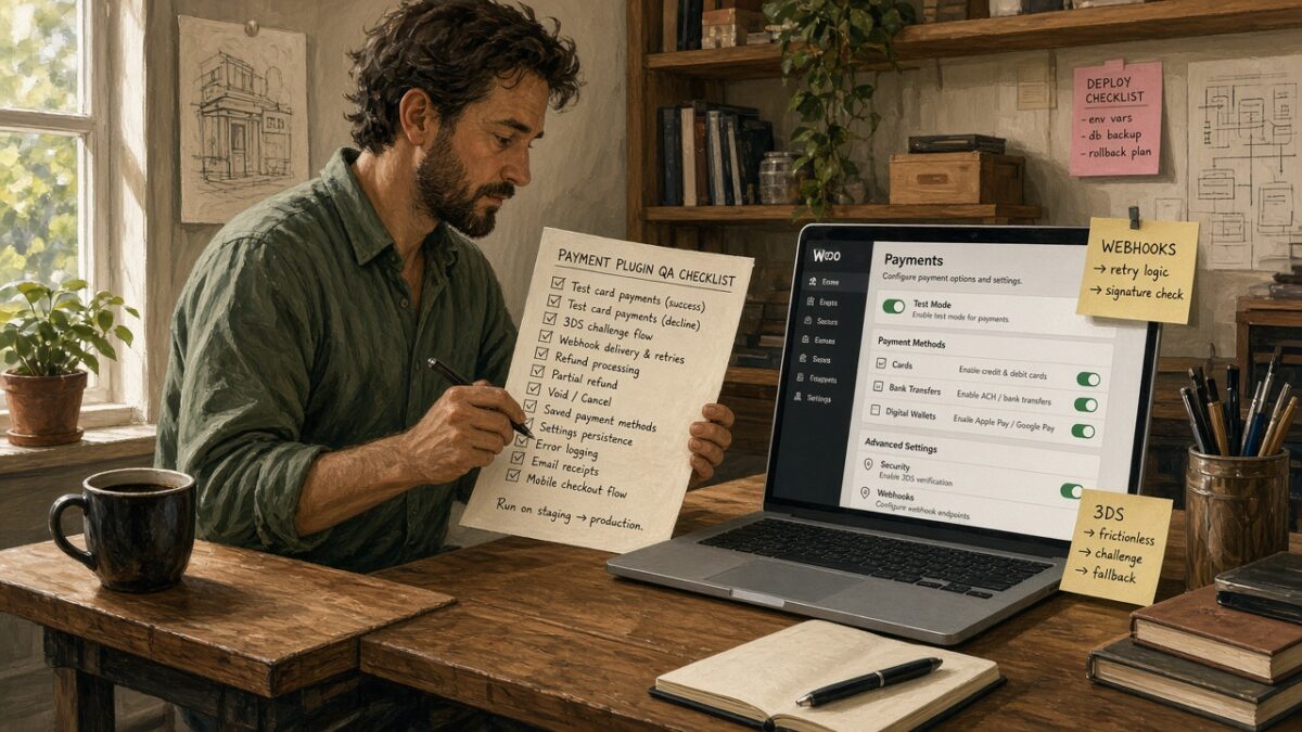 Developer marking a WooCommerce payment plugin QA checklist beside a laptop showing payments settings