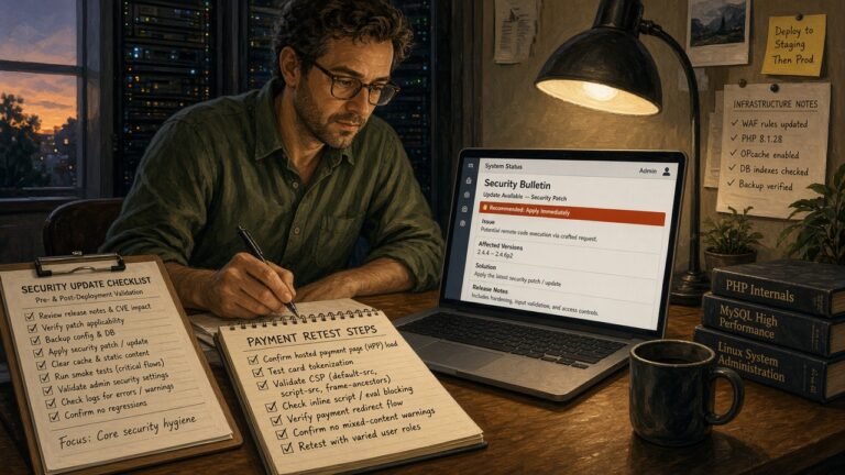 Magento engineer reviewing a security update checklist and payment retest notes at a desk