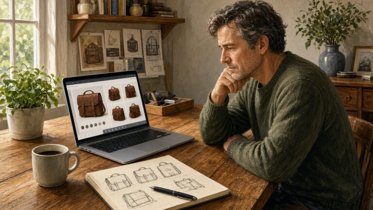Merchant at a desk reviewing product photos on a laptop for an online store listing